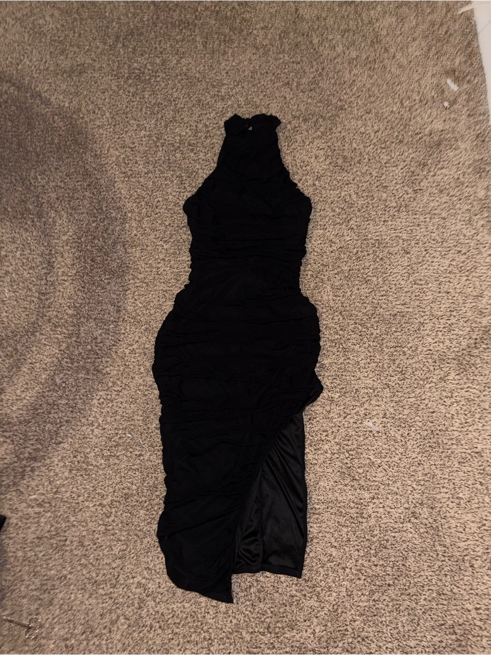 privy Black Ruched High-Neck Slit Dress